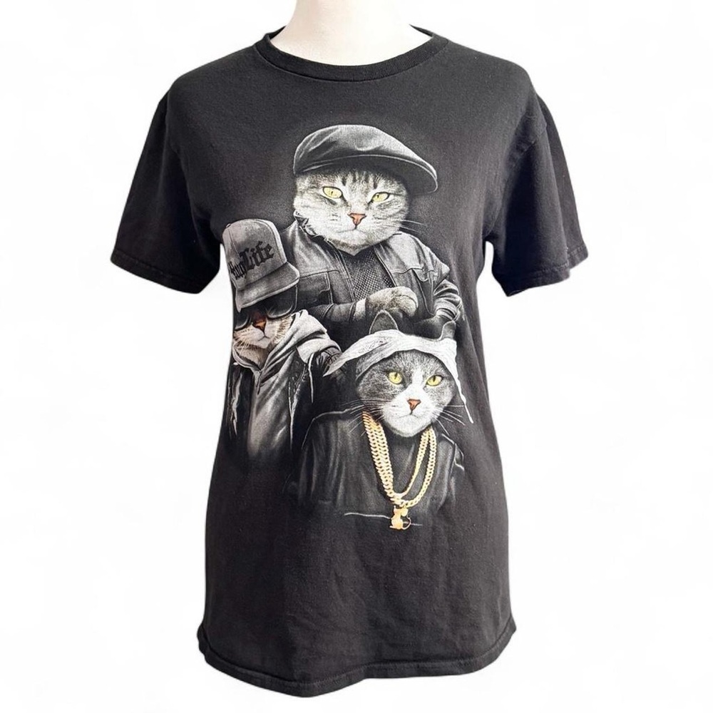 DOM “Hug Life” Cat Graphic T-Shirt Black Size Small Streetwear